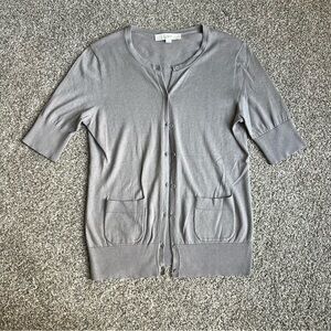 Loft Light Grey Short Sleeve Button Up Cardigan with Pockets, Size Small